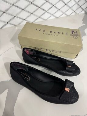 Ted Baker Black Pebbled Ballet Flats with Rose Gold Accent